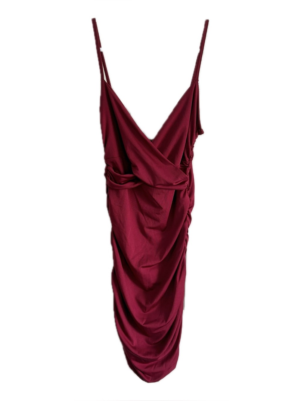 Draped Crossover V-Neck Mini Dress in Burgundy